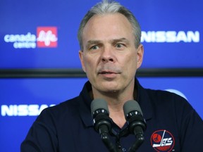 Winnipeg Jets general manager Kevin Cheveldayoff addresses the moves he made on trade deadline day in Winnipeg on Monday, March 21, 2022.