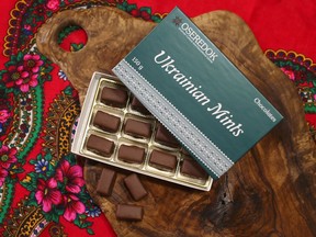 Mordens' of Winnipeg sells boxes of Ukrainian mints with the Ukrainian Cultural and Educational Center of Winnipeg.  A portion of the proceeds will go to the Canada-Ukraine Foundation.