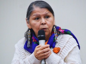 Residential School survivor Geraldine Shingoose, speaks at an event in Winnipeg last March about her residential school experience, says last week’s news of discoveries near a former residential school in Saskatchewan hit hard for her, because of her own connections to that school. Dave Baxter/Winnipeg Sun/Local Journalism Initiative