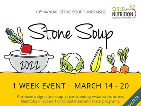 Poster for 10th annual Stone Soup fundraiser. The annual Stone Soup fundraiser in support of school food and nutrition programs is covering the whole province this year, not just Winnipeg. The one week event starts on Monday at over three dozen participating restaurants who will prepare a signature soup and then give $1 from every bowl sold to the Child Nutrition Council of Manitoba.
