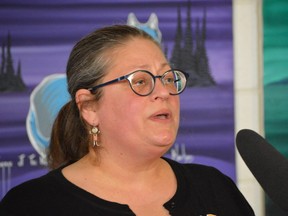 Indigenous Inclusion Directorate Advisory Council co-chair Angela Fey speaks on Thursday during an event introducing Mamàhtawisiwin: The Wonder We Are Born With, a new Indigenous education policy framework that will be implemented in Manitoba. Photo by Dave Baxter /Winnipeg Sun/Local Journalism Initiative