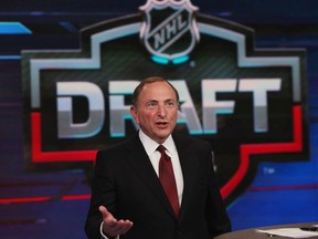 NHL commissioner Gary Bettman opens the first round of the 2021 NHL Entry Draft at the NHL Network studios on July 23, 2021 in Secaucus, New Jersey.