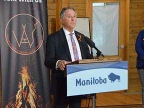 Indigenous Reconciliation and Northern Relations Minister Alan Lagimodiere, seen here during a Thursday announcement in Winnipeg, says the province will spend $1.3 million from their latest budget to partner with organizations in northern Manitoba that are working to reduce hunger, and to bring improvements to food security in the north. Photo by Dave Baxter