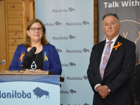 Ministers Sarah Guillemard and Alan Lagimodiere spoke on Monday at an event where it was announced the province will invest $500,000 in funding that will be split between 10 Indigenous residential school healing centres. Dave Baxter/Winnipeg Sun/Local Journalism Initiative