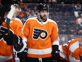 Keith Yandle of the Philadelphia Flyers looks on during the first period against the Dallas Stars at Wells Fargo Center on Jan. 24, 2022 in Philadelphia.