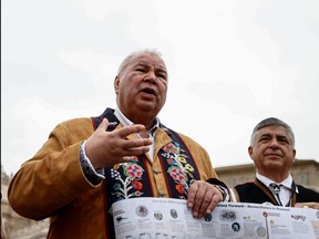 David Chartrand, President of the Manitoba Metis Foundation speaks after a meeting with Pope Francis, by the St. Peter's Square in Rome, Italy April 21, 2022. REUTERS/Yara Nardi