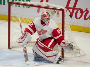 Detroit Red Wings goalie Thomas Greiss (29) follows the puck as it bounces off the net in the third period against the Ottawa Senators at the Canadian Tire Centre in Ottawa on Sunday, April 3, 2022.
