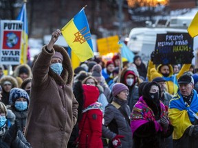 Stand with Ukraine Committee, part of Ukrainian Canadian Congress, organized a rally against Russia’s invasion of Ukraine in front of the Consulate General of Ukraine at 2275 Lake Shore Blvd W. in Toronto, Ont. on Friday, Feb. 25, 2022.