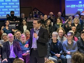 Conservative Party of Canada leadership candidate Pierre Poilievre addresses a room full of supporters in Winnipeg on Saturday, April 2, 2022.
