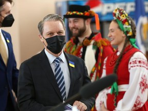 Finance Minister Cameron Friesen arrives for a pre-budget event at the Ukrainian National Federation building on Main Street in Winnipeg on Mon., April 11, 2022.  KEVIN KING/Winnipeg Sun/Postmedia Network