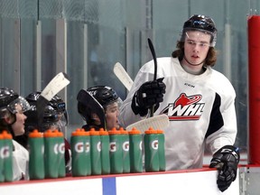 Winnipeg Ice forward Conor Geekie on the bench during practice at RINK training centre in Oak Bluff, Man., on Wed., April 20, 2022.  KEVIN KING/Winnipeg Sun/Postmedia Network