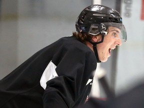 Winnipeg Ice defenceman Carson Lambos reacts during practice at RINK training centre in Oak Bluff, Man., on Wed., April 20, 2022.  KEVIN KING/Winnipeg Sun/Postmedia Network