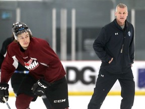 Winnipeg Ice head coach James Patrick on the ice for practice at RINK training centre in Oak Bluff, Man., on Wed., April 20, 2022.  KEVIN KING/Winnipeg Sun/Postmedia Network