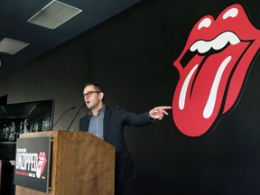 True North Sports + Entertainment vice-president Kevin Donnelly points during a news conference to unveil a new exhibition space, Expo Live! at Portage Place, and its first exhibit, Unzipped, a celebration of the Rolling Stones, in Winnipeg on Tues., April 26, 2022.  KEVIN KING/Winnipeg Sun/Postmedia Network
