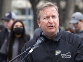 Kevin Rebeck, Manitoba Federation of Labour president, speaks during a ceremony for the official unveiling of the Workers Memorial, at Memorial Park in Winnipeg, on Thurs., April 28, 2022.  KEVIN KING/Winnipeg Sun/Postmedia Network