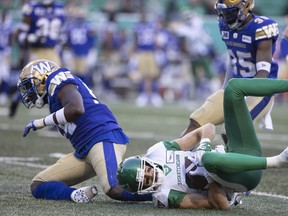 Saskatchewan Roughriders receiver Mitchell Picton (81) catches the ball during the first half of CFL action at Mosaic Stadium during the exhibition game between the Saskatchewan Roughriders and Winnipeg Blue Bombers.