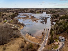 Drone shots show flooding on Essex Road north of Kenora, Ont., forcing hundreds of residents to evacuate the area. Matt Kennedy/Upriver Media