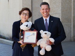Dr. Cindy Blackstock, left, was presented a key to the city by Winnipeg Mayor Brian Bowman on Tuesday, May 10 at city hall.