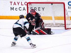 Zach Benson scores a goal against the Moose Jaw Warriors last night. The Ice took a commanding 2-0 series lead with the convincing win.