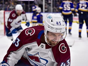 Colorado Avalanche centre Darren Helm reacts after scoring the game-winning goal against St. Louis Blues goaltender Ville Husso during the third period in Game 6 of the second round of the 2022 Stanley Cup Playoffs at Enterprise Center in St. Louis, May 27, 2022.