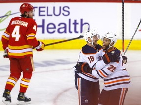 The Edmonton Oilers score on Calgary Flames goalie Jacob Markstrom on the way to winning Round 2 of the Western Conference final at the Scotiabank Saddledome in Calgary on Thursday, May 26, 2022.