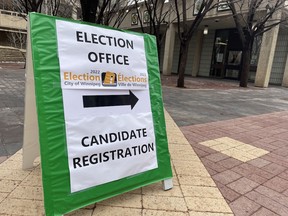 Registration sign for mayoral candidates outside the city clerk's office in Winnipeg.