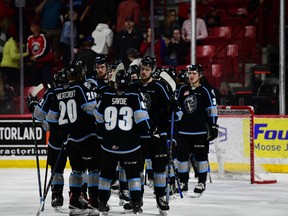 The Winnipeg Ice celebrate their 5-3 victory over the Moose Jaw Warriors in Moose Jaw on Wednesday, May 11, 2022. Supplied photo.