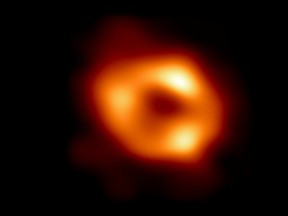 This is the first image of Sagittarius A* (or Sgr A* for short), the supermassive black hole at the centre of our galaxy.