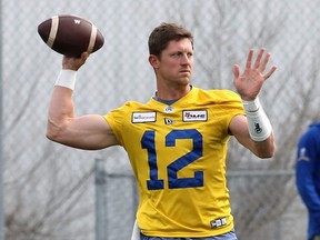 Quarterback Dakota Prukop steps into a pass during Winnipeg Blue Bombers rookie camp at Winnipeg Soccer Federation South Complex on May 11, 2022.