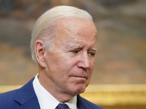 U.S. President Joe Biden reacts as he makes a statement about the school shooting in Uvalde, Texas shortly after Biden returned to Washington from his trip to South Korea and Japan, at the White House in Washington, May 24, 2022.