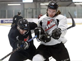 Winnipeg Ice forward Conor Geekie (right) battles with defenceman Jonas Woo during practice at RINK training centre in Oak Bluff, Man., on Wed., April 20, 2022.  KEVIN KING/Winnipeg Sun/Postmedia Network