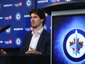 Winnipeg Jets centre Mark Scheifele meets with media after the team beat the Seattle Kraken in Winnipeg on Sunday, May 1.