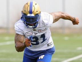 Wide receiver Blake Jackson sprints during Blue Bombers rookie camp at yesterday.