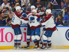 Nazem Kadri (91) of the Colorado Avalanche celebrates after scoring a goal against the St. Louis Blues in the second period during Game 4 of the Second Round of the 2022 Stanley Cup Playoffs at Enterprise Center on May 23, 2022 in St Louis.