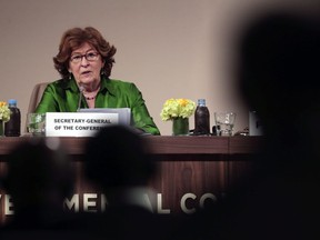 Louise Arbour speaks during a press briefing after the closing session of UN Migration Conference in Marrakech, Morocco, Tuesday, Dec. 11, 2018.