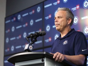 Winnipeg Jets general manager Kevin Cheveldayoff meets with the media on Mon., May 2, 2022.  KEVIN KING/Winnipeg Sun/Postmedia Network