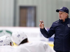 Manitoba Moose head coach Mark Morrison makes a point during practice in Winnipeg on Tues., May 3, 2022.  KEVIN KING/Winnipeg Sun/Postmedia Network