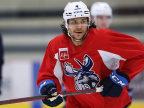 Manitoba Moose defenceman Johnathan Kovacevic hustles during practice in Winnipeg on Tues., May 3, 2022.  KEVIN KING/Winnipeg Sun/Postmedia Network