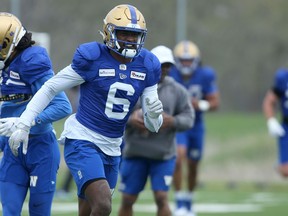 Canadian defensive back Patrice Rene (6)   
takes part in Blue Bombers rookie camp on Friday, May 13, 2022.