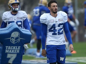 Kicker Ali Mourtada (42) takes part in Blue Bombers rookie camp in Winnipeg on Friday, May 13, 2022.