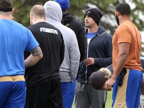 The reigning CFL's Most Outstanding Player and Bombers quarterback Zach Collaros with other players at a player practice session earlier this week.