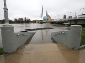 High water in the Red River near the Provencher Bridge in Winnipeg seen on Wed., May 18, 2022.