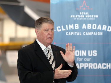 Terry Slobodian, president/CEO of the Royal Aviation Museum of Western Canada, speaks during the grand opening ceremony at its new location at the Winnipeg International Airport, on Thurs., May 19, 2022.  KEVIN KING/Winnipeg Sun/Postmedia Network