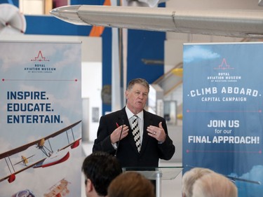 Terry Slobodian, president/CEO of the Royal Aviation Museum of Western Canada, speaks during the grand opening ceremony at its new location at the Winnipeg International Airport, on Thurs., May 19, 2022.  KEVIN KING/Winnipeg Sun/Postmedia Network