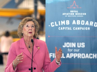 Lt.-Gov. Janice Filmon looks skyward during the grand opening ceremony of the Royal Aviation Museum of Western Canada, at the Winnipeg International Airport, on Thurs., May 19, 2022.  KEVIN KING/Winnipeg Sun/Postmedia Network