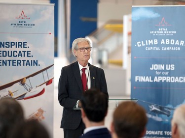 MP Jim Carr speaks during the grand opening ceremony of the Royal Aviation Museum of Western Canada, at the Winnipeg International Airport, on Thurs., May 19, 2022.  KEVIN KING/Winnipeg Sun/Postmedia Network