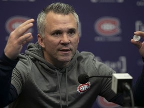 Montreal Canadiens coach Martin St-Louis speaks to reporters on Saturday April 30, 2022 during the postmortem press conference following the end of the season of the Habs.