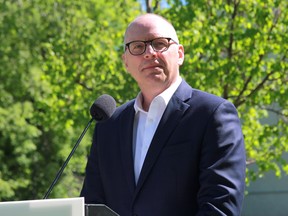Winnipeg mayoral candidate Scott Gillingham speaks at an event outside the West End 24-Hour Safe Space in the West End on Wednesday, June 1.