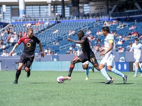 Valour FC’s William Akio controls the ball during yesterday’s 1-1 draw against FC Edmonton.
