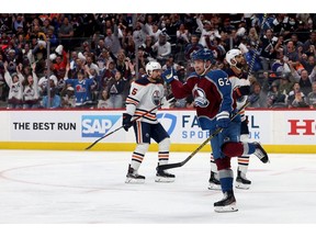 Artturi Lehkonen #62 of the Colorado Avalanche celebrates after scoring a goal on Mike Smith #41 of the Edmonton Oilers during the second period in Game Two of the Western Conference Final of the 2022 Stanley Cup Playoffs at Ball Arena on June 02, 2022 in Denver, Colorado.